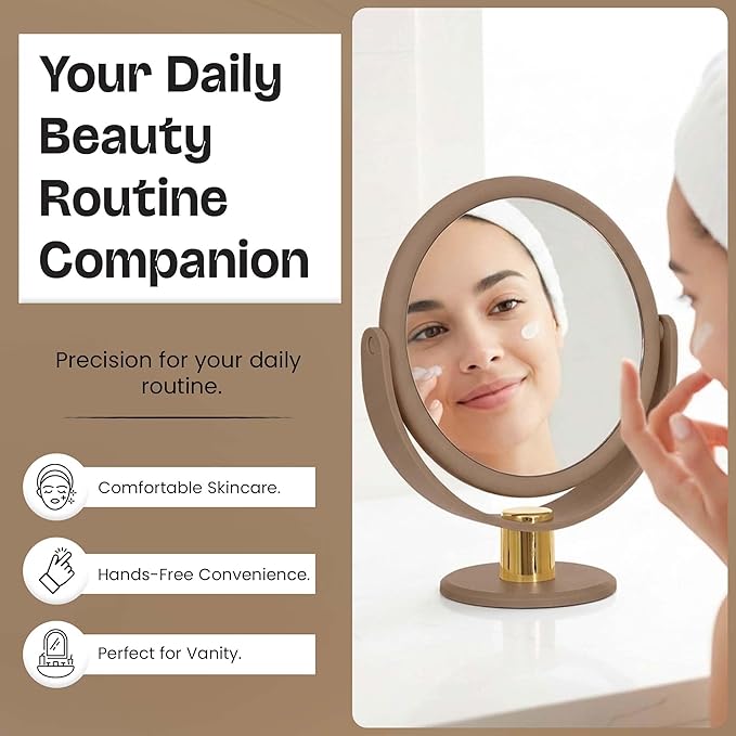 Danielle Creations Round Soft Touch Vanity Mirror – Taupe, 7.48 x 3.94 x 9.06 in, 1x/10x Magnification, Adjustable Stand, Makeup Mirror for Face, Beauty, Travel & Desk Use