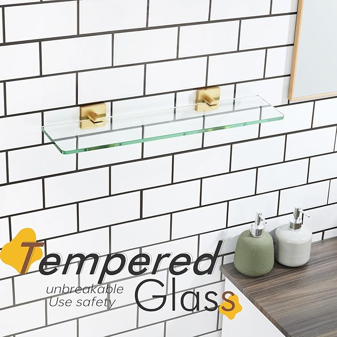 KOKOSIRI Wall Shelves 20-Inch Floating Tempered Glass Shelf Bathroom Hardware Kitchen Hanging Rack Shower Storage, Brushed Gold Stainless Steel B1107BG-L20
