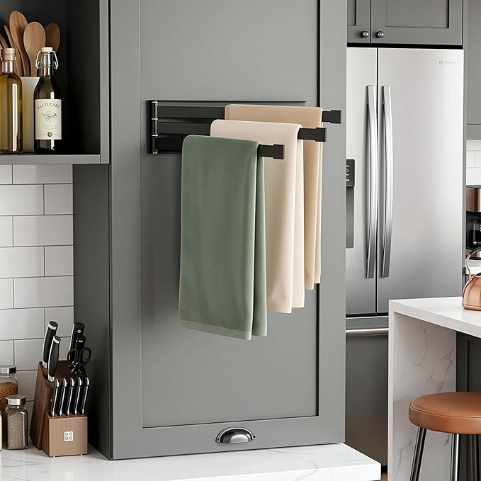 Swing Towel Holder Rack Matte Black, Wall Mounted Towel Bar Swivel with 3-Arm for Bathroom Kitchen Storage