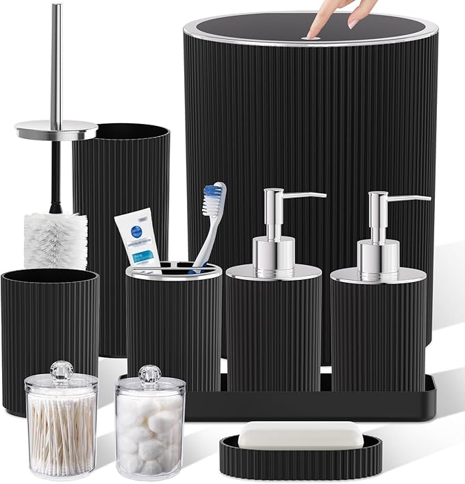 Black Bathroom Accessories Set, 10PC Bathroom Set, Bath Accessory with Pop Up Trash Can, Soap Dispenser, Toilet Brush, Toothbrush Set Qtip Holders & Tray