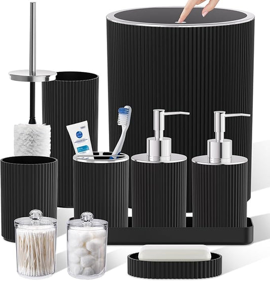 Black Bathroom Accessories Set, 10PC Bathroom Set, Bath Accessory with Pop Up Trash Can, Soap Dispenser, Toilet Brush, Toothbrush Set Qtip Holders & Tray