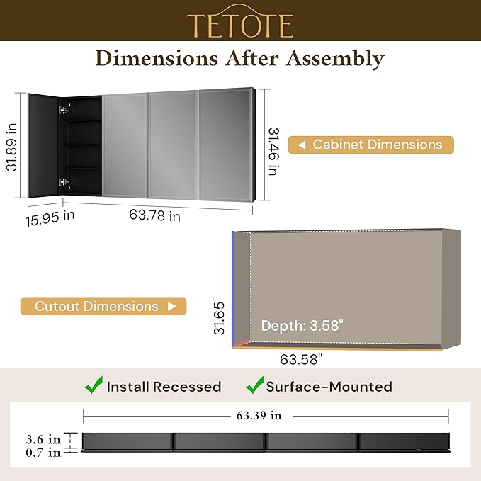 TETOTE 64 x 32 Medicine Cabinet with Tempered Beveled Mirror Black Aluminum Cabinet DTC Hinges, Stepless Adjustable Shelves, Recessed/Surface-Mounted