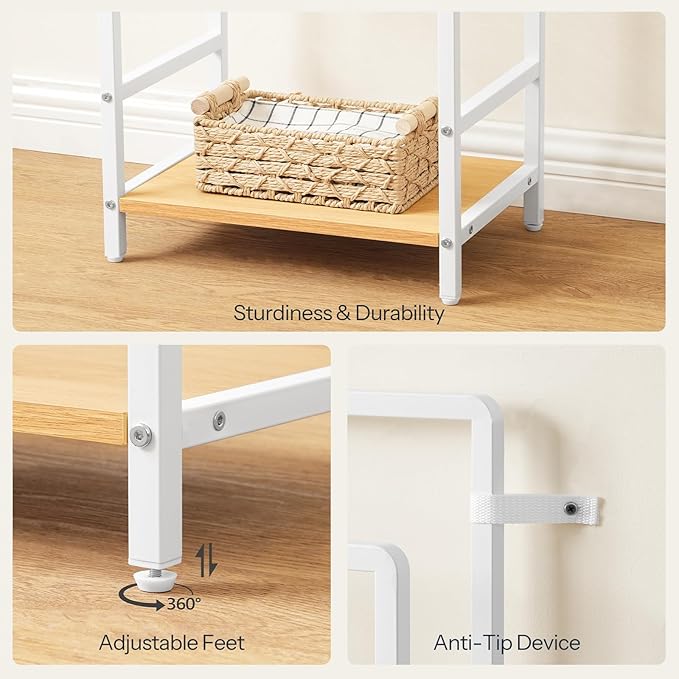 HOOBRO Free Standing Towel Rack, Blanket Rack with 3 Towel Bars, Storage Basket and Shelf, Towel Holder with Hook, Blanket Organizer, for Bathroom and Laundry, White and Natural WN13LB01