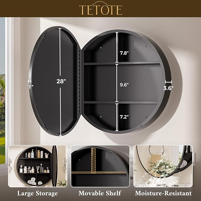 TETOTE Bathroom Mirror Cabinet 28 x 28 Black Round Bathroom Medicine Cabinet with Adjustable Shelves Farmhouse Wall Mirror with Storage Surface Mounted
