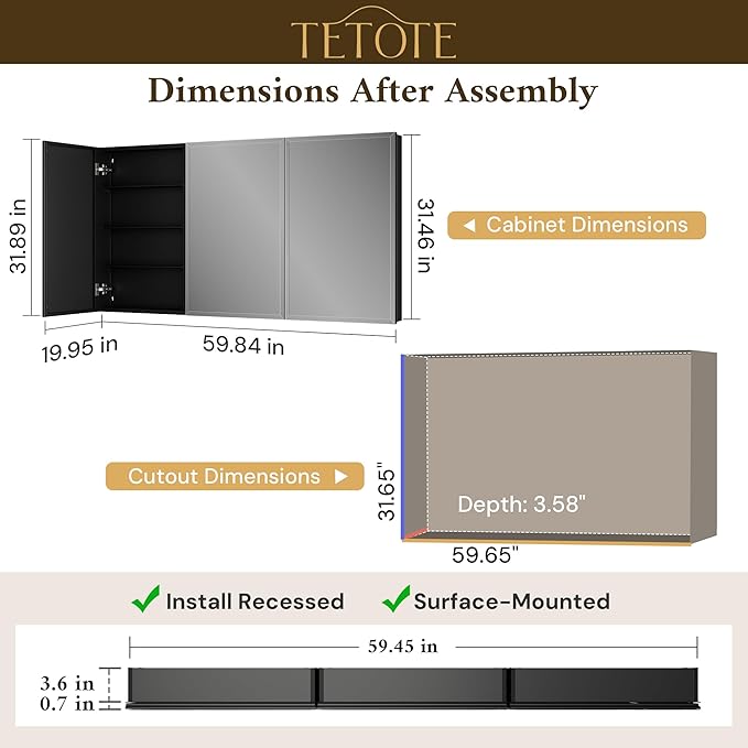 TETOTE 60 x 32 Medicine Cabinet with Tempered Beveled Mirror Black Aluminum Cabinet DTC Hinges, Stepless Adjustable Shelves, Recessed/Surface-Mounted