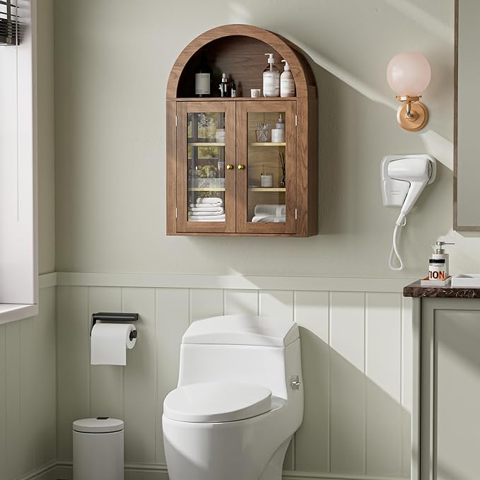 BREEZEHEAT Arched Medicine Cabinet with Glass Doors, Adjustable Shelf, Wall Mounted Bathroom Storage Cabinet Over Toilet, Walnut Wood Grain, 23.6''W × 31.5''H