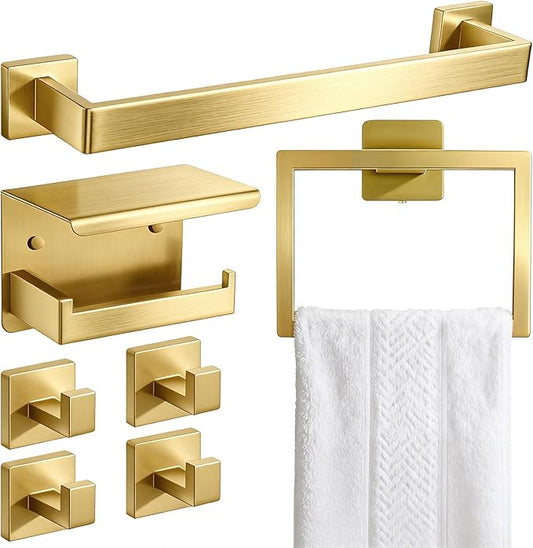 Brushed Gold Bathroom Accessories Hardware Set, 7-Pieces Stainless Steel Towel Racks for Bathroom, 16 Inch Towel Bar, Towel Holders, Updated Toilet Paper Holder with Shelf Wall Mounted