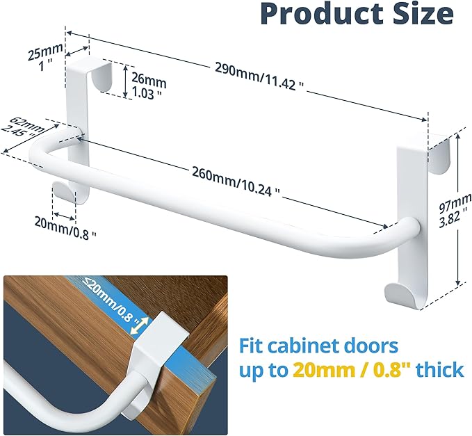 SAYAYO Over Cabinet Towel Bar White, 10 Inch Kitchen Towel Holder with 2 Hooks, Over The Cupboard Door Dish Towel Rack, 2 Pcs (11.5 Inch Total Length)