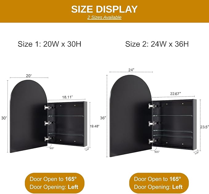 TEHOME 20 x 30'' Black Arched Bathroom Medicine Cabinet with Mirror Recessed and Surface Mounted Medicine Cabinet Mirror