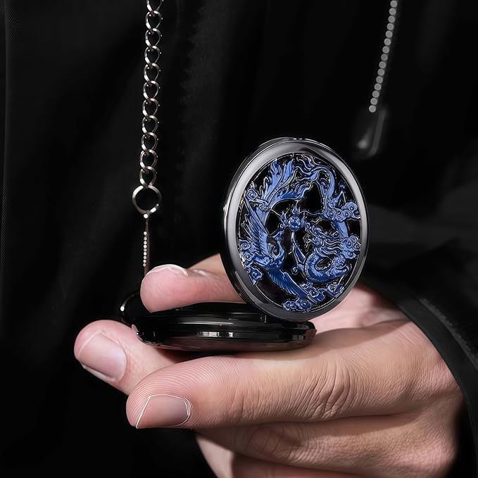 ManChDa Scrying Mirror Black Obsidian Mirror Lucky Dragon & Phoenix Pocket Watch Shell Witchcraft Kit Wiccan Supplies and Tools Witchy Gifts, Black Blue