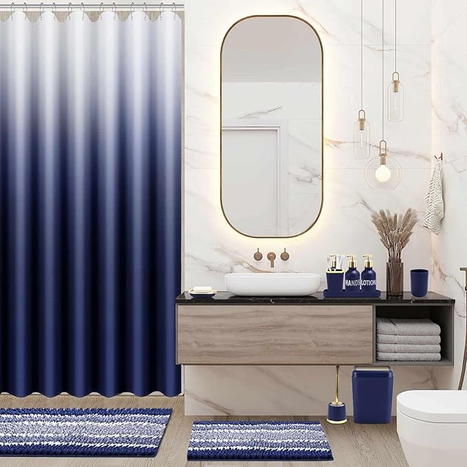 XLHOMO 25PCS Navy Blue Bathroom Accessories Sets Complete, with Shower Curtain, Rugs, Trash Can and Toilet Brush, Soap Dispenser, Toothbrush Holder and Cup, Soap Dish, Qtip Holder, Bathroom Decor Sets