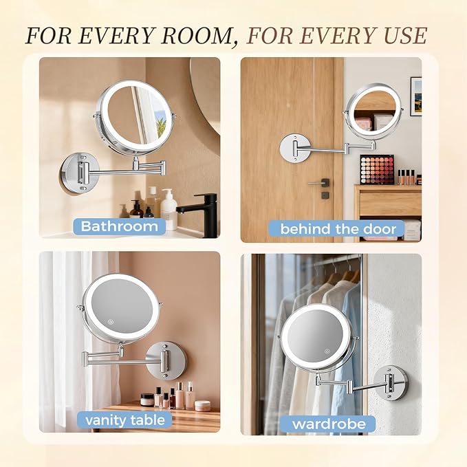 Rocollos Rechargeable Wall Mounted Lighted Makeup Mirror Chrome, 8 Inch Double-Sided LED Vanity Mirror 1X/10X Magnification,3 Color Lights Touch Screen Dimmable 360°Swivel 13 Inch Extendable