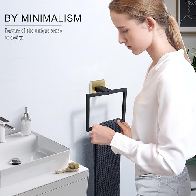 TNOMS Black and Gold Towel Ring Modern Square Hand Towel Bar,Towel Holder for Bathroom,Wall Mount Stainless Steel