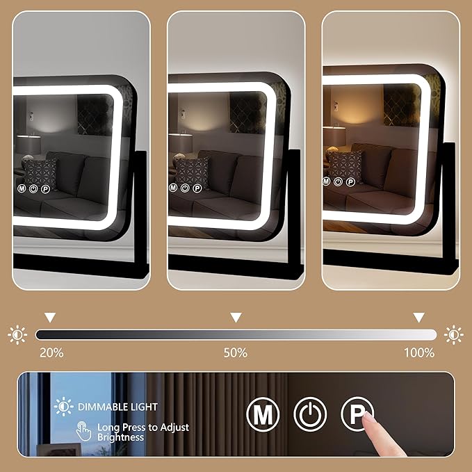 Ratsamee Black Vanity Mirror with Lights 14"×12", Led Makeup Mirror, Lighted Makeup Mirror with 3 Color Dimmable Lights, Smart Touch Screen Control, 360°Rotation