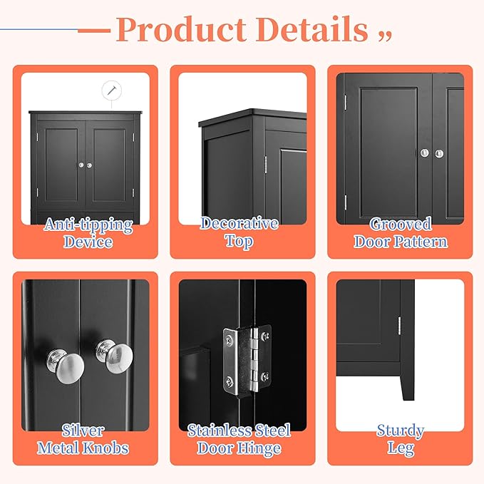 Black Bathroom Storage Cabinet Freestanding Design with 4 Doors Adjustable Shelves Waterproof MDF Board for Home Organization Bathroom Office Use