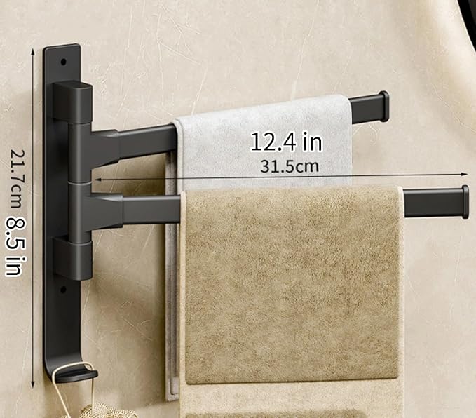 2 Arms Swivel Towel Rack Thicken Towel Holder with Hook Space Saving Towel Bar Wall Mount Swivel Towel Racks for Bathroom Kitchen-Black