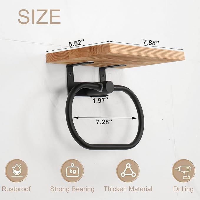 TocTen Hand Towel Holder for Bathroom Wall Mount Towel Ring with Wooden Shelf, Premium Metal Hand Towel Rack, Bathroom Accessories Rustic Hand Towel Hanger for Bathroom Kitchen RV(Matte Black)