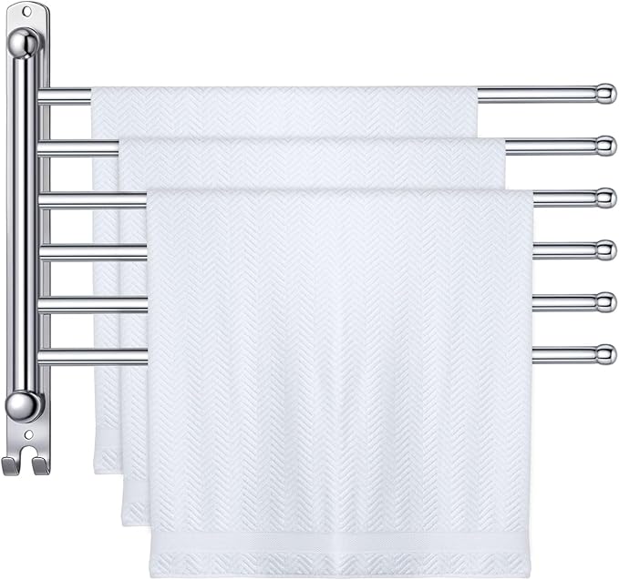 Teenyyou Swivel Towel Rack 16.5 Inches 304 Stainless Steel 6 Arms Bathroom Towel Rack Hanger Pool Holder Wall Mounted Swivel Bar Space Saving with Hook, Sliver