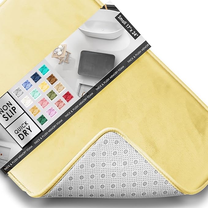 Clara Clark Bathroom Rugs, Velvet Memory Foam Bath Mat, Non-Slip, Machine Washable Bath Rugs - Dries Quickly, Ultra Soft Plush Bath Mats for Bathroom, 17 x 24, Mellow Yellow