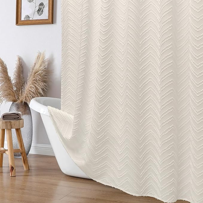 OVZME Beige Bathroom Shower Curtain 78 Inch Length, Boho Style Soft Touching Chevron Textured Protect Privacy Shower Curtain for Bathroom Hotel, Modern Bath Decor, 72Wx78L Inches