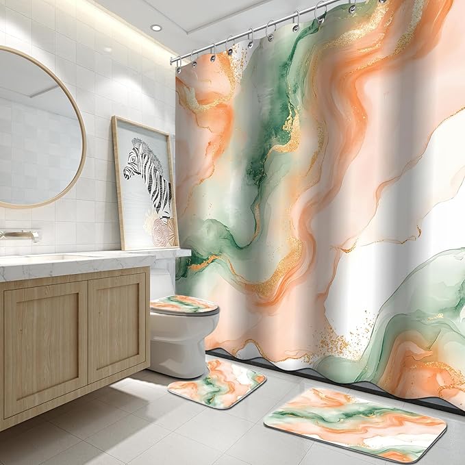 Lnond 4Pcs Marble Bathroom Sets with Shower Curtain and Rugs, Orange Green Marble Modern Art Bathroom Shower Curtain Sets with Rugs and Accessories