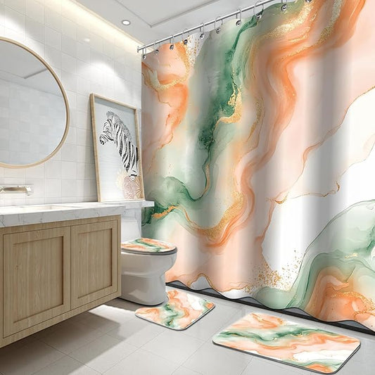 Lnond 4Pcs Marble Bathroom Sets with Shower Curtain and Rugs, Orange Green Marble Modern Art Bathroom Shower Curtain Sets with Rugs and Accessories