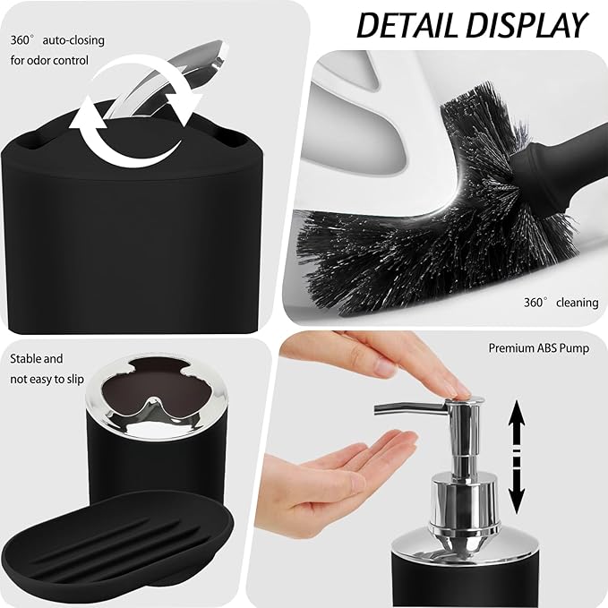 Lnond Black Bathroom Set, 23-Piece Black Geometric Bathroom Decor Set with with Shower Curtain and Rugs, Trash Can, Toilet Brush Holder Set & Soap Dispenser