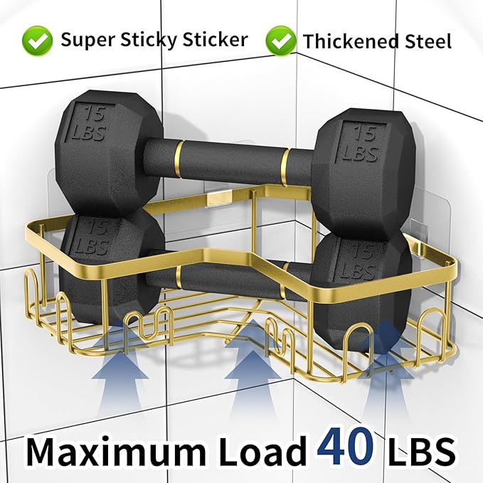 Menbyci 3 Pack Corner Shower Caddy, Adhesive Bathroom Shelves with 18 Hooks, Drill-Free & Quick-Dry Shower Organizer with Large Capacity, Rustproof Stainless Steel Bathroom Corner Storage Rack, Gold