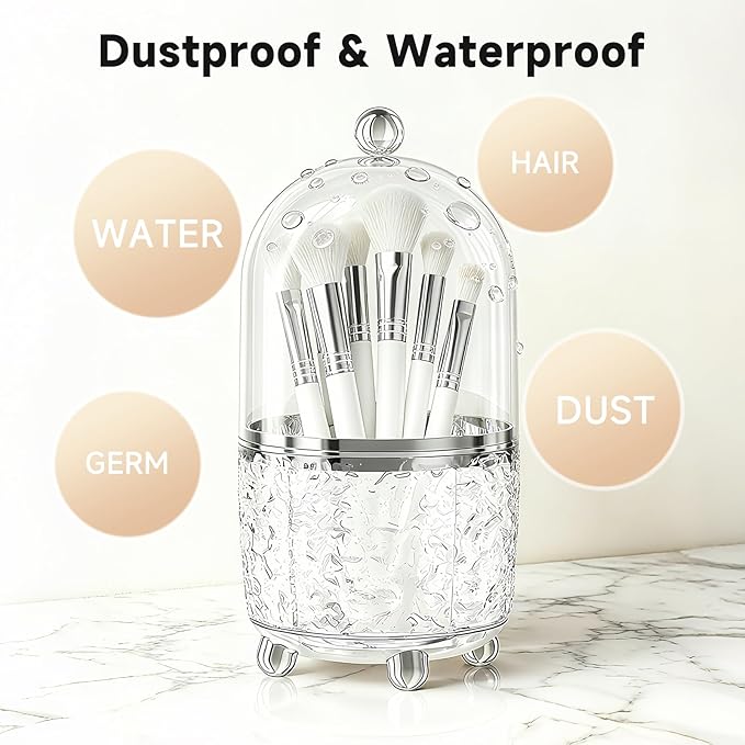 Makeup Brush Holder with Lid, Cosmetic Tools Organizer with Cover, 360° Rotating Sliding Opening Dustproof Brushes Container for Vanity, Ideal Gift for Girlfriend Wife Friends (Silver)