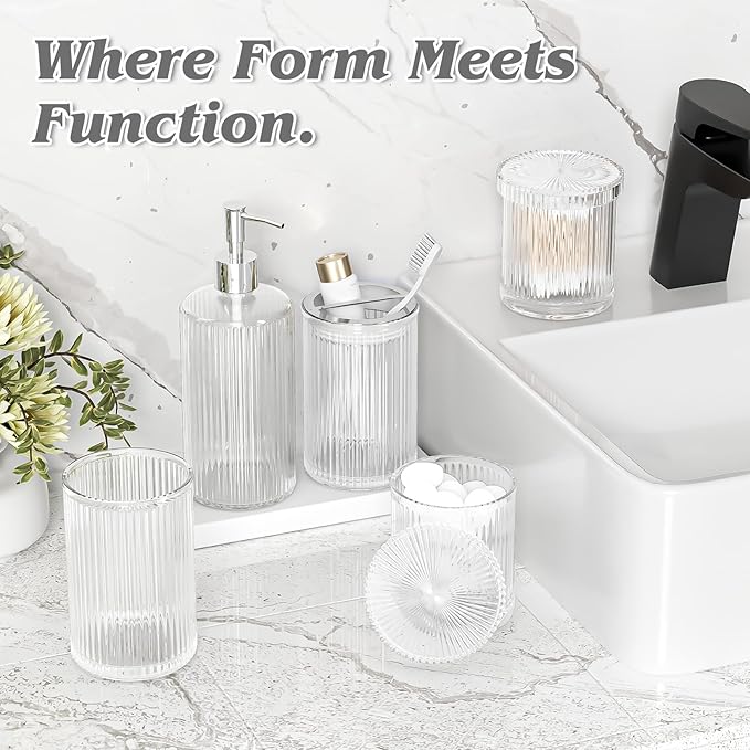 BSSN Glass Bathroom Accessories 5 Pcs, Clear Bathroom Set, Soap Dispenser, Toothbrush Holder Set, Tumber, Qtip Holder Set, Vintage Bathroom Sink Set, Cute Bathroom Decor