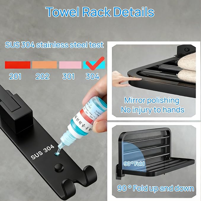 24" Double Towel Rack with 7 Hooks, SUS304 Stainless Steel Towel Bar Towel Rack with Shelf, 90° Foldable Towel Holder, for Bathroom Wall Mounted. (Matte Black)