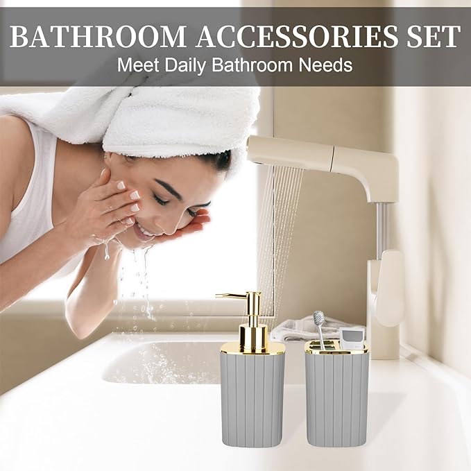 2PCS Bathroom Accessories Set, Grey Bathroom Accessories Include Soap Dispenser and Toothbrush Holder for Boho Bathroom Decor