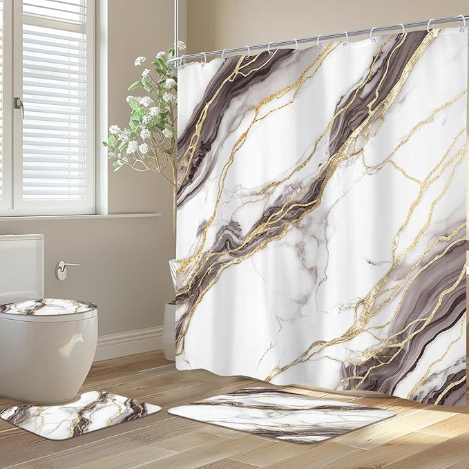 Newsely 4Pcs White Marble Shower Curtain Set with Non-Slip Rugs, Toilet Lid Cover and Bath Mat,Abstract Modern Gold Ombre Grey Shower Curtain with 12 Hooks,Crack Line Bath Curtain for Bathroom Decor
