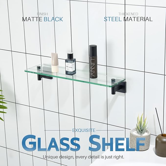 KOKOSIRI 20-Inch Bathroom Shelves Glass Floating Shelf Toilet Roll Holder Toilet Paper Holder Stainless Steel Matte Black B1105BK-L20+B2008BK