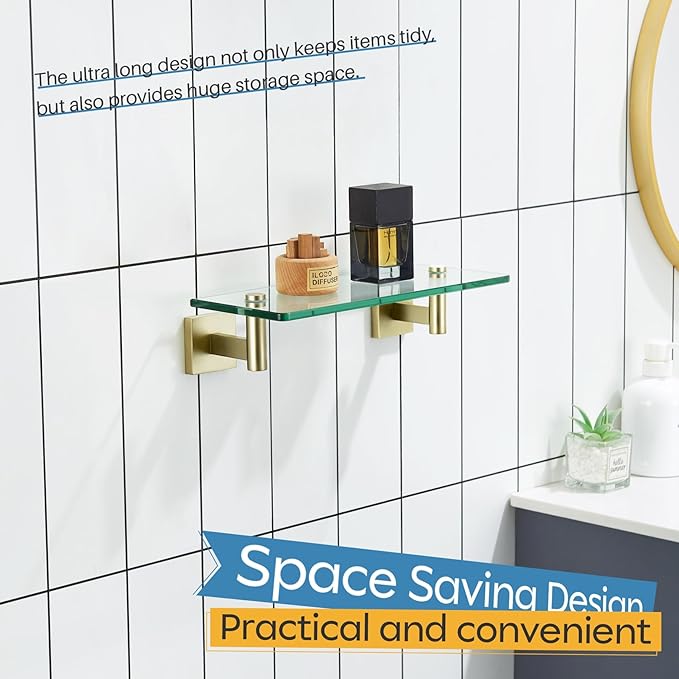 KOKOSIRI 12-Inch Bathroom Shelves Glass Floating Shelf Toilet Roll Holder Toilet Paper Holder Stainless Steel Brushed Gold B1105BG-L12+B2008BG