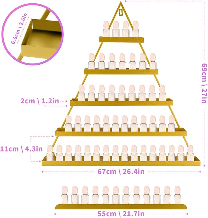5 Tiers Triangular Nail Polish Rack for The Wall, 10PCS Metal Wall Mounted Display Shelves for Lipstick, Perfume, Home Spa, Salon Shop (Golden)