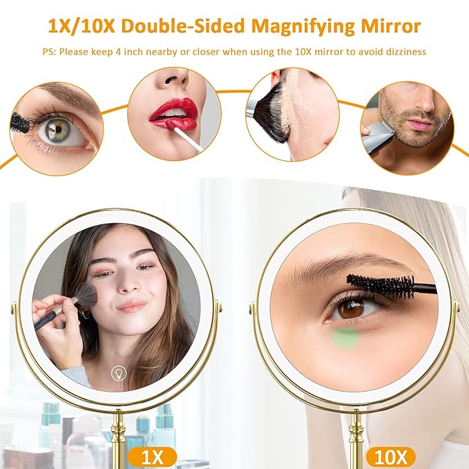 Rechargeable 8'' Lighted Makeup Mirror, 1X 10X Magnifying Vanity Mirror with 3 Color LED Lights, Touch Sensor Adjust Brightness Double-Sided Cosmetic Mirror, Gold Finish