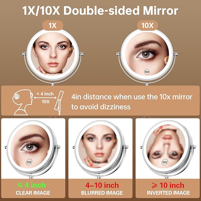 Gospire 7" Lighted Makeup Mirror with Magnification 10X/1X, Rechargeable Cordless Stepless Dimming LED Lights, 360° Swivel Magnifying Cosmetic Vanity Standing Mirror for Dresser, Bathroom