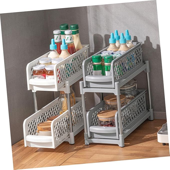 VOSAREA Double Layer Under Sink Organizer White Bathroom Shelf Adjustable Storage Trays Multi-Function Kitchen and Bathroom Organizer for Countertop Supplies