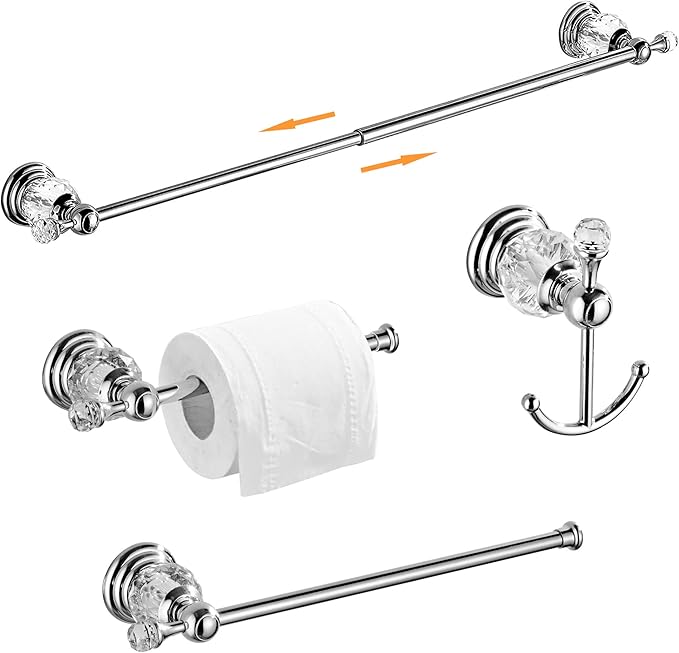 Crystal Bathroom Hardware Set,Adjustable Towel Rack, Toilet Roll Paper Holder,Hand Towel Holder,Hook,Gold Bathroom Accessories Set Wall Mounted (Bright Chrome)