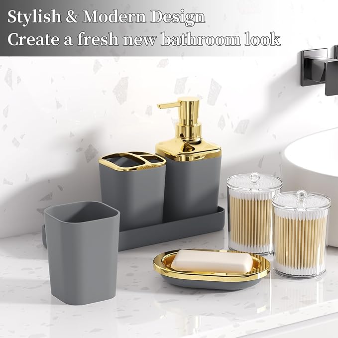 XLHOMO Grey Bathroom Accessories Set, Bathroom Sets with Shower Curtain, Grey Bathroom Accessories with Trash Can, Soap Dispenser, Soap Dish, Toilet Brush Holder, Qtip Holders for Bathroom