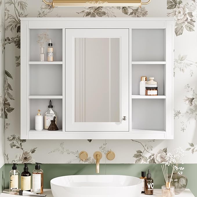Merax Bathroom Medicine Cabinet with Mirror, 35" x 27.5" Wall Mounted Medicine Cabinet with Single Door and Shelves, Over The Toilet Mirrored Bathroom Storage Wall Cabinet