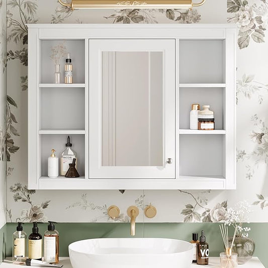 Merax Bathroom Medicine Cabinet with Mirror, 35" x 27.5" Wall Mounted Medicine Cabinet with Single Door and Shelves, Over The Toilet Mirrored Bathroom Storage Wall Cabinet