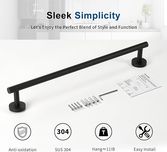 Matte Black Towel Bar, 14 Inch Towel Racks for Bathroom Wall Mounted, Thicken SUS304 Stainless Steel Heavy Duty Hand Towel Holder Organizer, Bathroom Accessories, Total Length 16.5 Inch