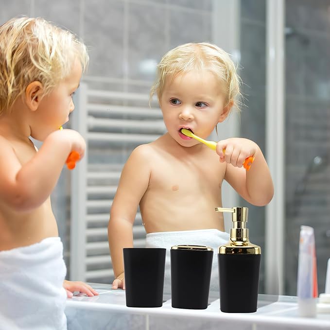 XLHOMO Black Bathroom Set, Bathroom Sets with Stripe Shower Curtain, Black and Gold Bathroom Accessories with Trash Can, Soap Dispenser, Soap Dish, Toilet Brush Holder, Qtip Holders for Bathroom