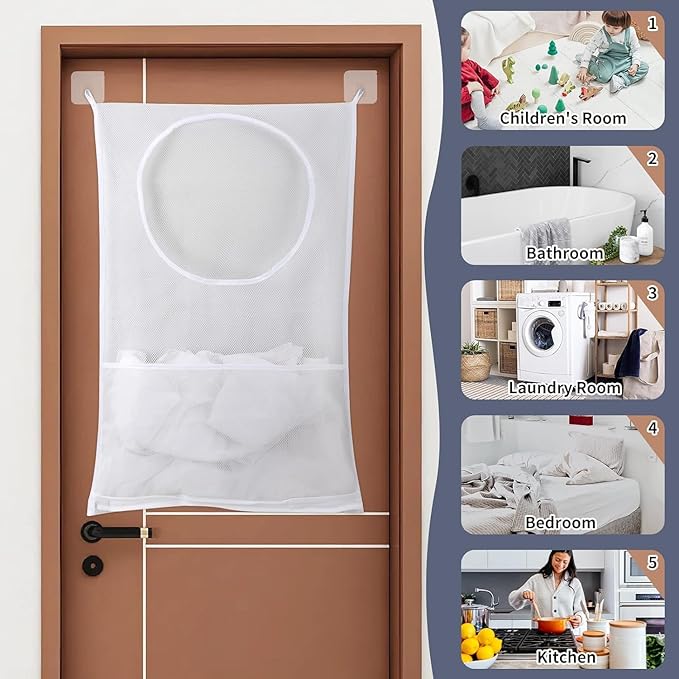 Hanging Laundry Hamper, Over The Door Laundry Hamper, Mesh Hanging Laundry Bag with Pockets Zipper Foldable Lightweight, For Rv Camper Apartment College Dorm Room Storage Small Space Organizer, 1 Pack