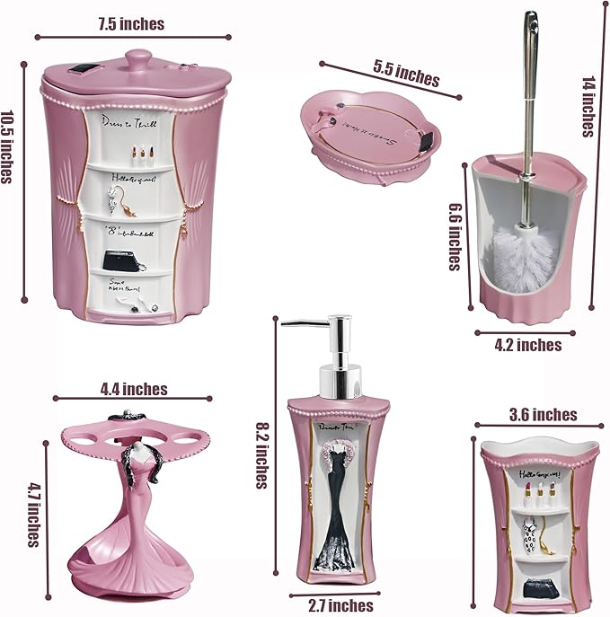 LUANT 6 PCS Bathroom Accessories Including Soap Dispenser, Soap Dish, Tumbler, Teethbrush Holder, Trash Can and Toilet Brush, Decoration for Girl's Bathroom, Countertop Oragnizer, Pink