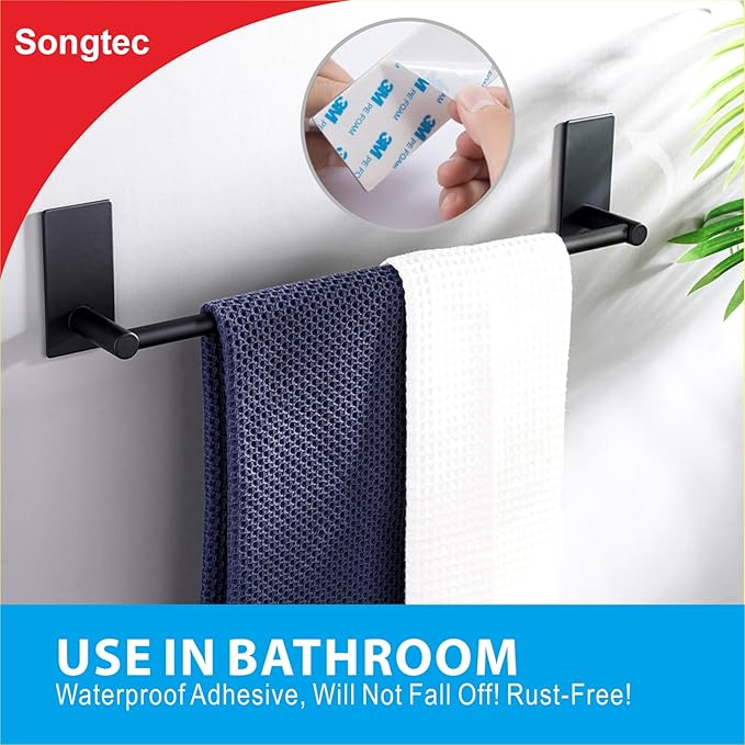 Songtec Adhesive Towel Bar Black 16-Inch, Stick On Bath Towel Rack No Drill, Strong Adhesion Tape Mount Towel Holder, Stainless Steel - Black