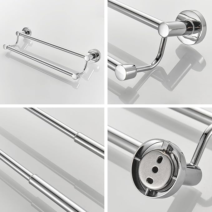 Adjustable Double Towel Racks for Bathroom 15 to 26.5 Inch Towel Bar, Expandable Bright Chrome Double Bath Towel Holder, Wall Mount with Screws Towel Bar Rod