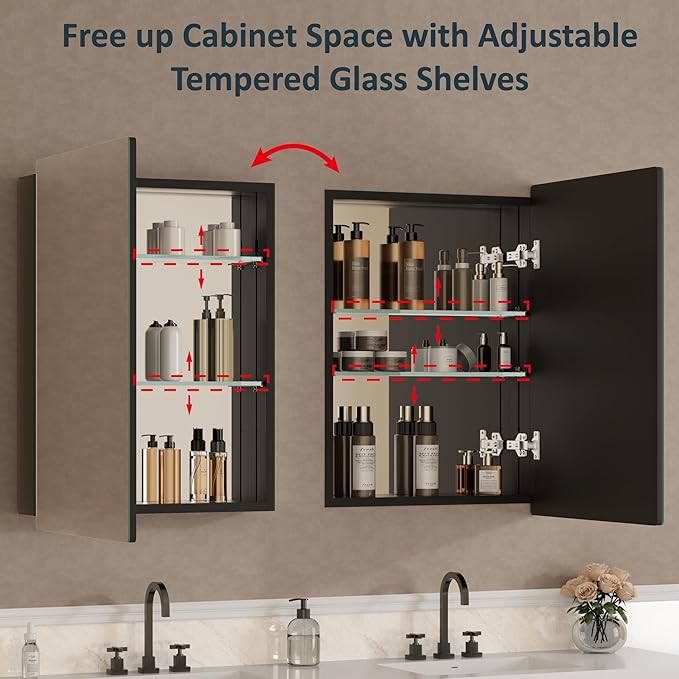 20x28 Inch Medicine Cabinet with Mirror, Recessed or Surface Mounted Bathroom Cabinets for Storage, 2 Fully Adjustable Tempered Glass Shelves, Soft-close DTC Hinges, HD Reflection Mirror Door, Black